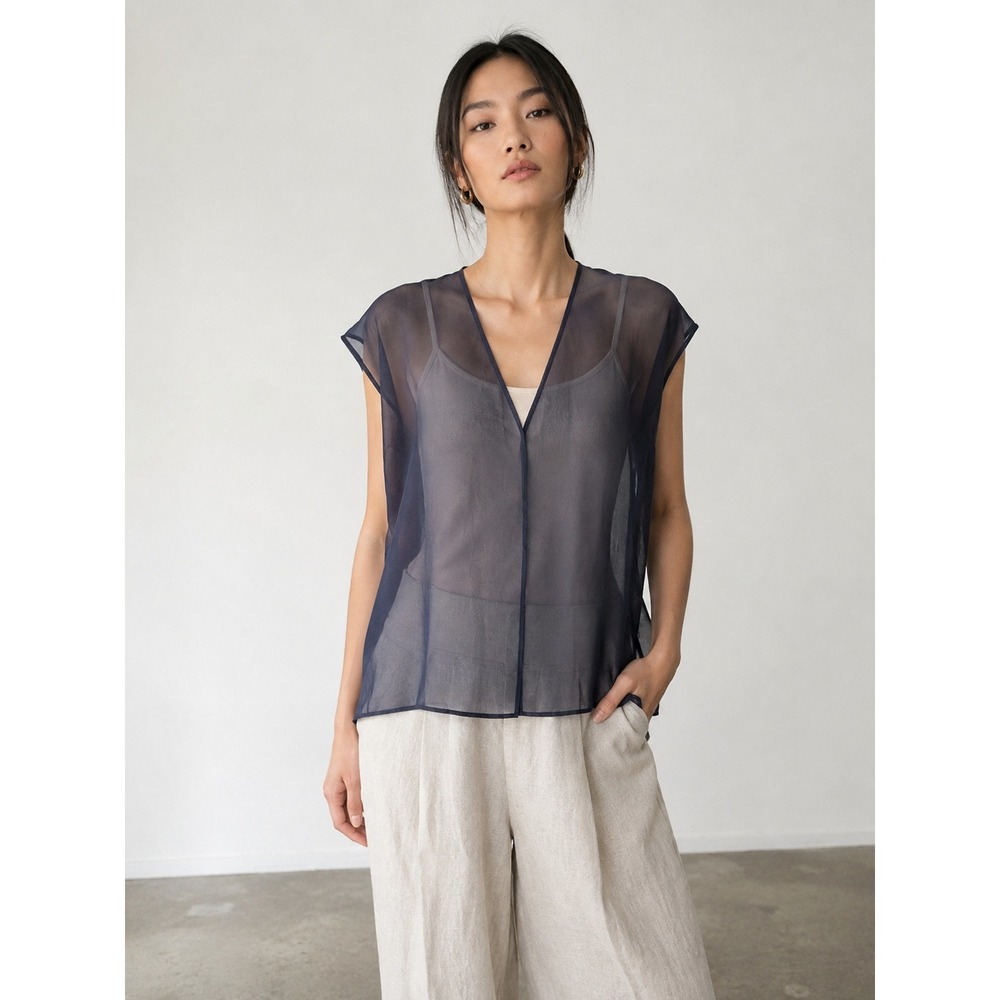 Elaine Kim Navy Blue Sheer 100% Cotton V-Neck Top Made in Japan Womens M